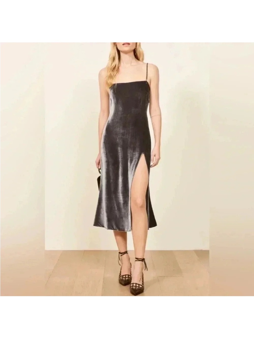 REFORMATION Dark Grey Velvet Velour ARIANA High Slit Shoulder Tie Slip Dress s